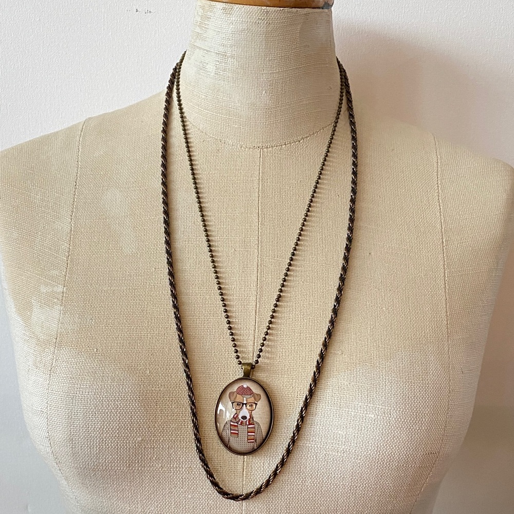 COSTUME set of 2 Cameo Style hipster Dog ball chain Necklace & bronze tone Chain